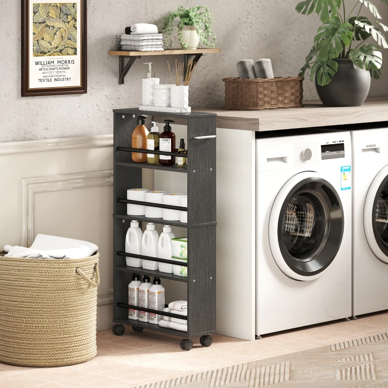 HOMCOM Estante multifuncional com rodas, design estreito, 4 compartimentos, 45x15x91 cm, Preto