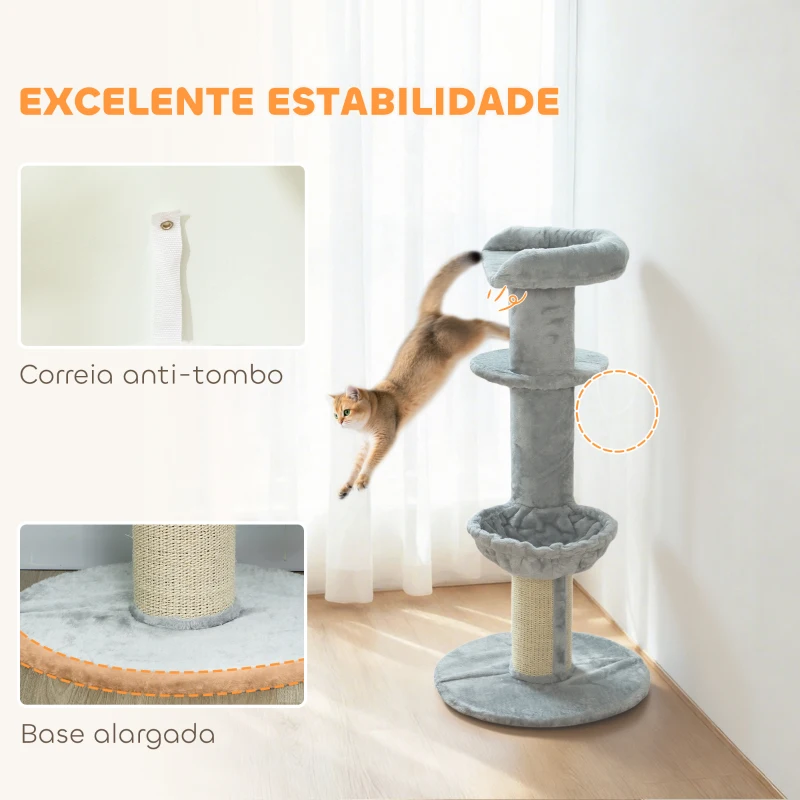 PawHut Arranhador para Gatos 103,5 cm Torre para Gatos com Cama Rede Plataforma Poste de Sisal Extra Grosso Bola Pendurada Cinza Claro