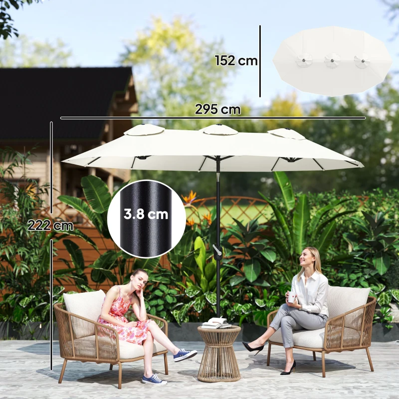 Outsunny Double Garden Umbrella 295x152x222 cm with 45° Tilt and Manual Crank for Patio Balcony Pool Cream