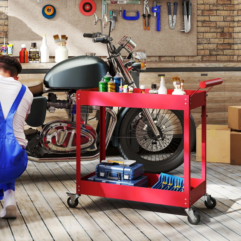DURHAND Carrello da officina servante a 2 livelli, maniglia laterale e ruote bloccabili, 84,5x38x84cm, rosso