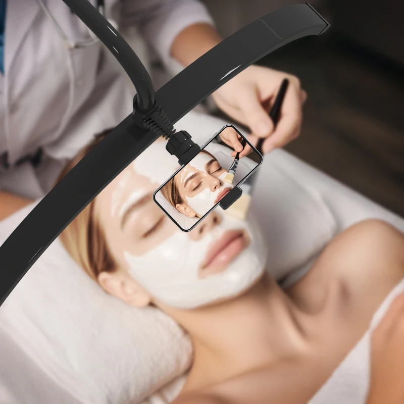 HOMCOM Half Moon Lash Light, Beauty Floor Lamp with 350° Rotatable Head, 7 Colour Temperature and Phone Holder, Dimmable Standing Lamp for Eyelash Extension, Tattoo, Nails, Skincare, Black