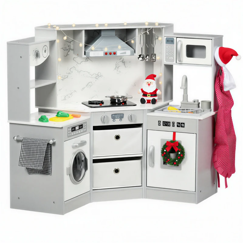 AIYAPLAY Toy Kitchen with Running Water, Lights, Sounds, Apron and Chef Hat, Water Dispenser, for Ages 3-6 Years, Grey