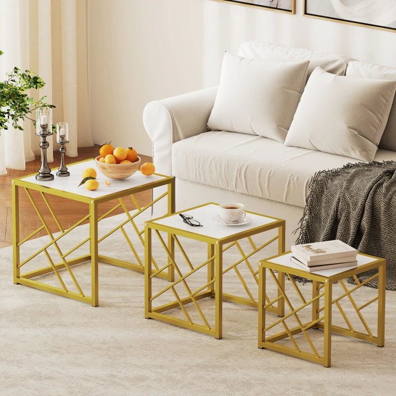HOMCOM Nesting Coffee Tables, Set of 3 Square Side Tables with Black Metal Frame, for Living Room, Bedroom and Office, White