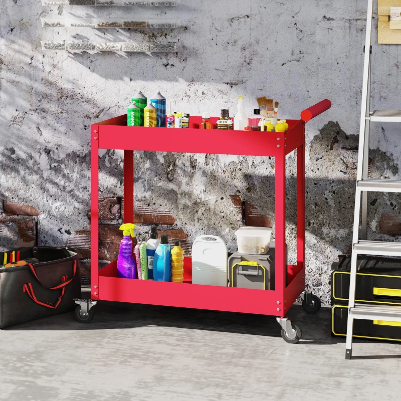 DURHAND Carrello da officina servante a 2 livelli, maniglia laterale e ruote bloccabili, 84,5x38x84cm, rosso
