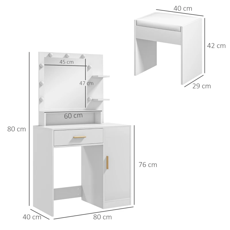HOMCOM Tocador de Maquillaje con Taburete Espejo LED Cajones Estante Ajustable y Estantes Abiertos para Dormitorio Blanco