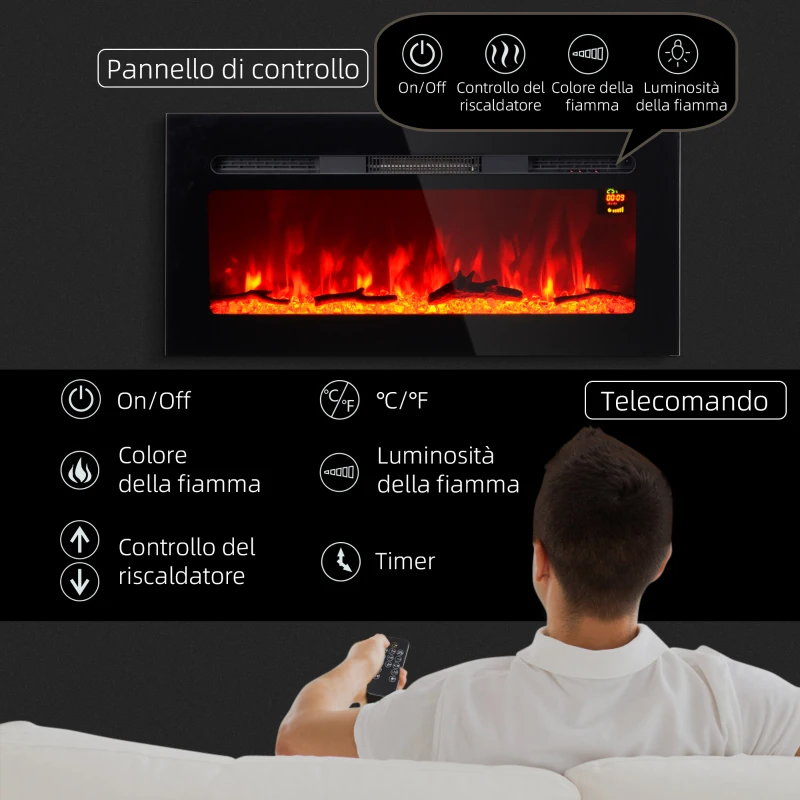 HOMCOM Camino Elettrico 1800W Regolabile con Telecomando, in Acciaio e Vetro Temperato, 91.4x15.8x45 cm, Nero