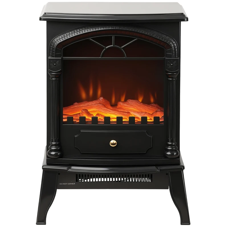 HOMCOM Electric Fireplace Stove Heater with 3D Flame Effect, 2000W/1000W, Freestanding Portable Fireplace with Adjustable Thermostat, 2 Heat Settings for Living Room, Black