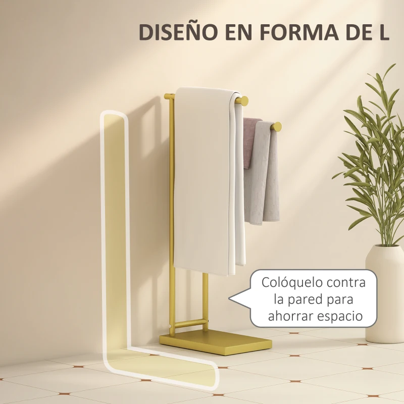 HOMCOM Toallero de Pie con 2 Barras y Marco Metálico Toallero de Baño Moderno en Forma de L 35,5x20x78 cm Dorado