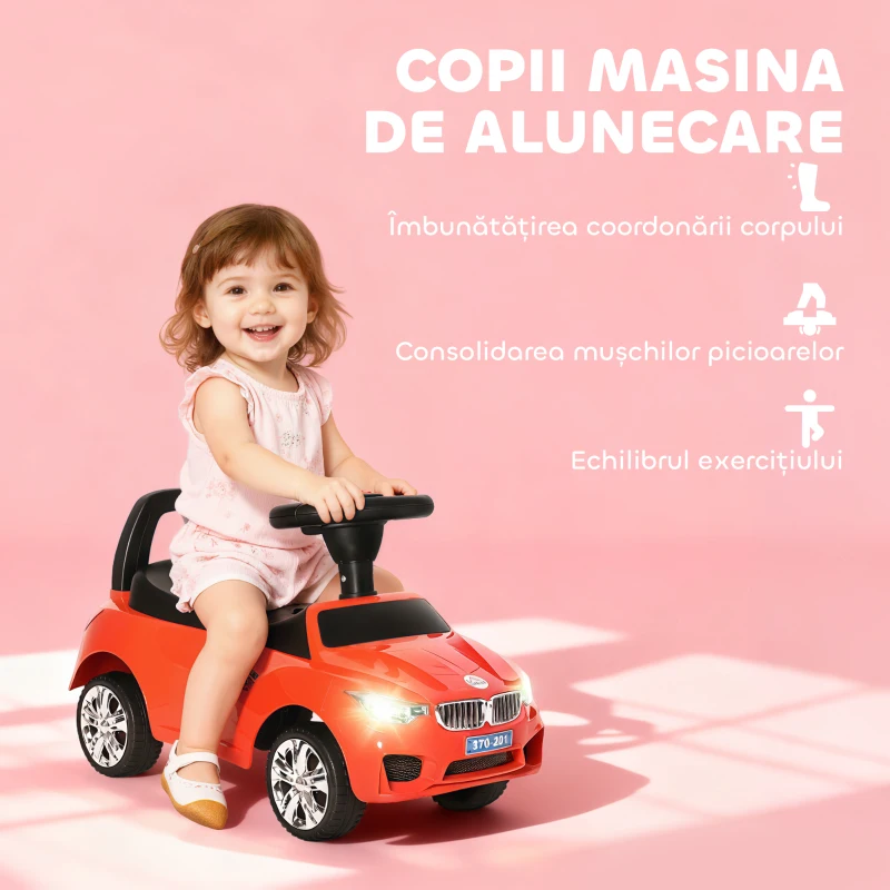 HOMCOM Mașinuță pentru Copii cu Volan, Mașină cu Faruri și Melodii Integrate, Vârstă 18-36 Luni, 63,5x28x36 cm, Roșu