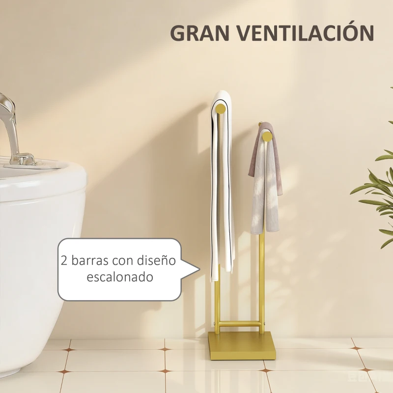 HOMCOM Toallero de Pie con 2 Barras y Marco Metálico Toallero de Baño Moderno en Forma de L 35,5x20x78 cm Dorado