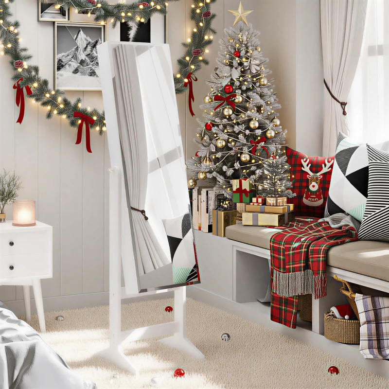 HOMCOM Jewelry Cabinet Standing Mirror Full Length Makeup Lockable Armoire Storage Organizer White