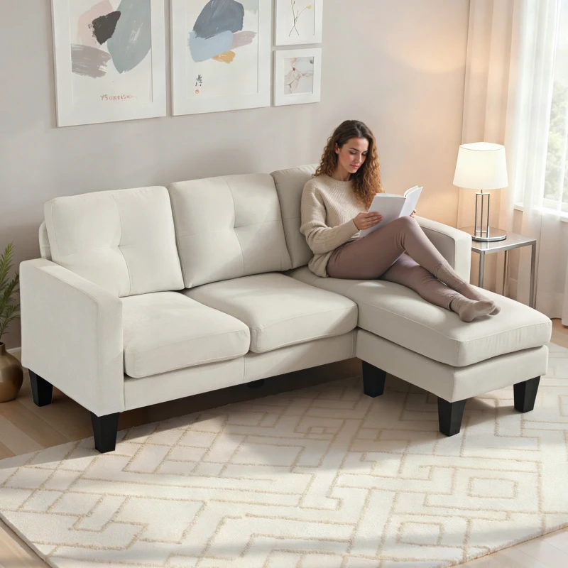 HOMCOM Sofá Chaise Longue Sofá em Forma de L Estofado em Poliéster Sofá de Canto Reversível 186x130x84 cm Creme