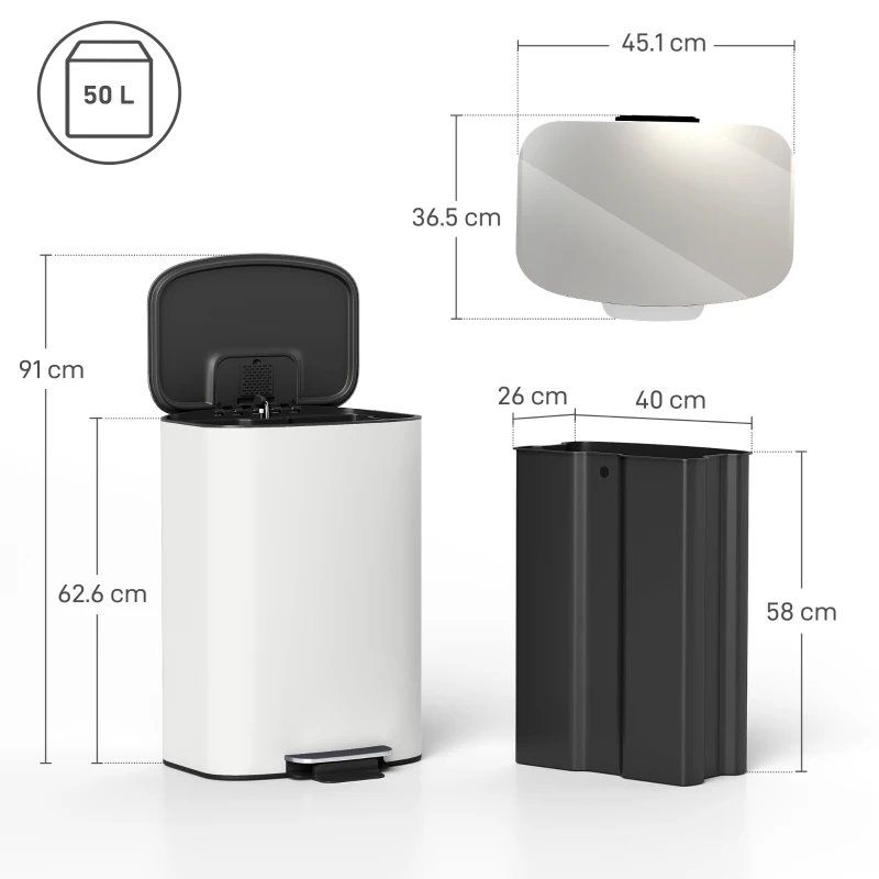 HOMCOM 50L Kitchen Bin with Soft-Close Lid and Stay-Open Function, Stainless Steel Pedal Bin with Removable Inner Bucket, Carry Handle for Kitchen, Office, Home, Cream