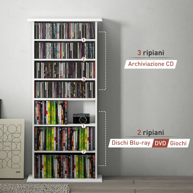 HOMCOM Scaffale Porta CD con 6 Ripiani Regolabili, Capacità di 360 CD/185 DVD, 58x24x124.5 cm, Bianco