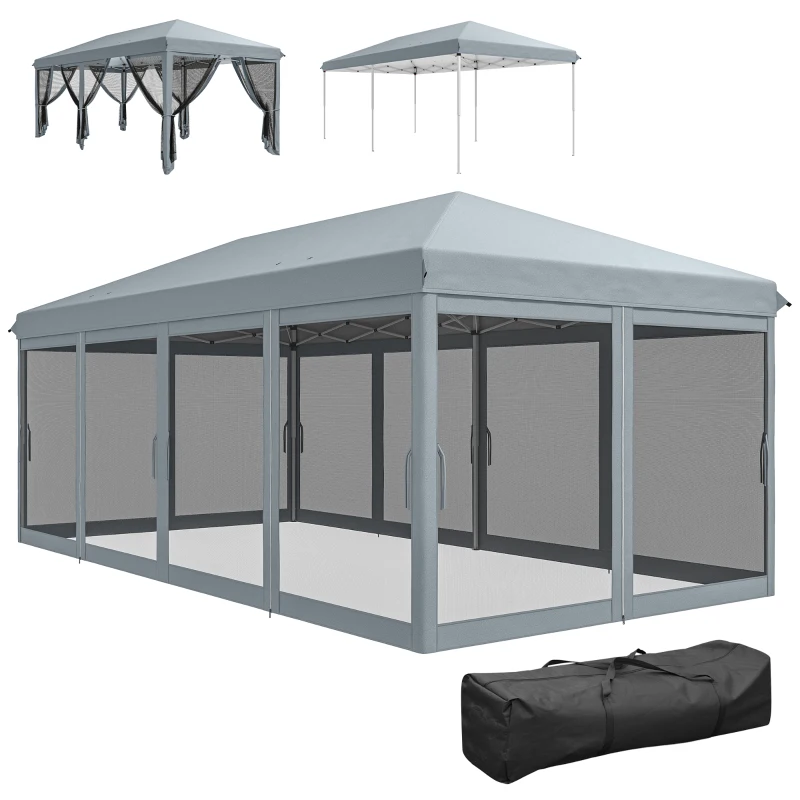 Outsunny Tenda Dobrável 585x295x270 cm Tenda de Jardim com 6 Mosquiteiros Bolsa de Transporte e Estrutura de Aço Cinza