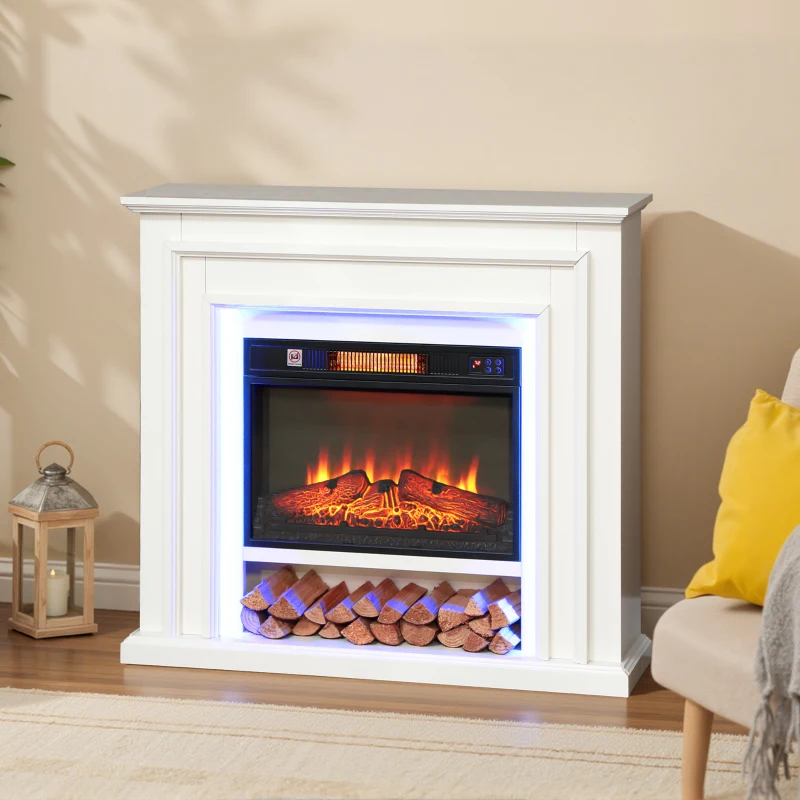 HOMCOM Electric Fireplace with Surround, LED Lights, 38" 1800W Inset Electric Fire and Mantel Reach up to 30 m² with Realistic Flame Effect & 3 Brightness, Remote & Timer for Living Room, White