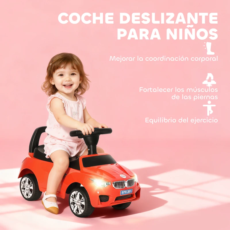 HOMCOM Coche Correpasillos para Niños de 18-36 Meses con Faros Música Bocina Volante Espacio de Almacenaje y Asa Rojo