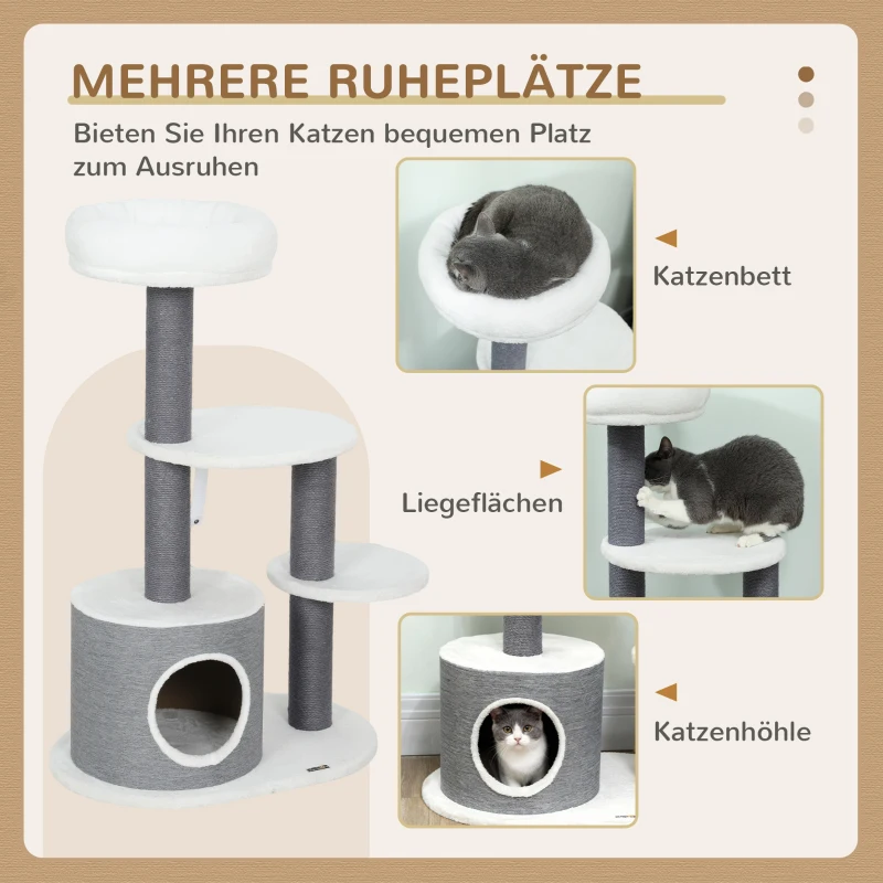 PawHut Kratzbaum mit 1 Katzenhöhle, 1 Katzenbett, 2 Plattformen, Jute-Seilspfosten, Weiß + Grau