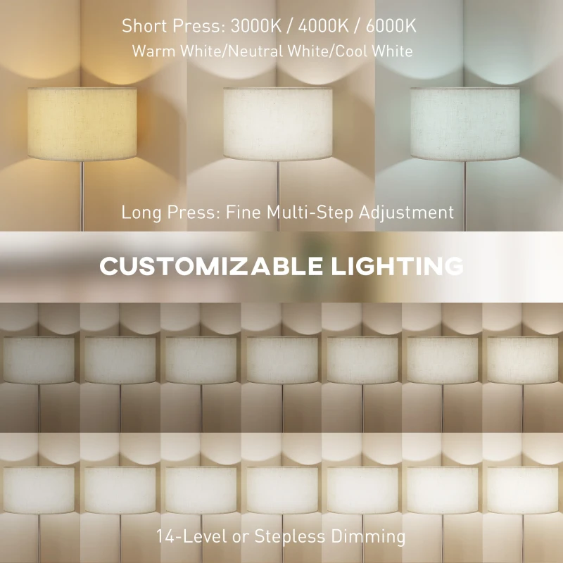 HOMCOM Floor Lamp with Remote, Height Adjustable Standing Lamp with Linen Shade, Dimmable with 3000K-6000K Adjustable Colour Temperatures, Foot Switch for Living Room Bedroom Office, Silver Tone