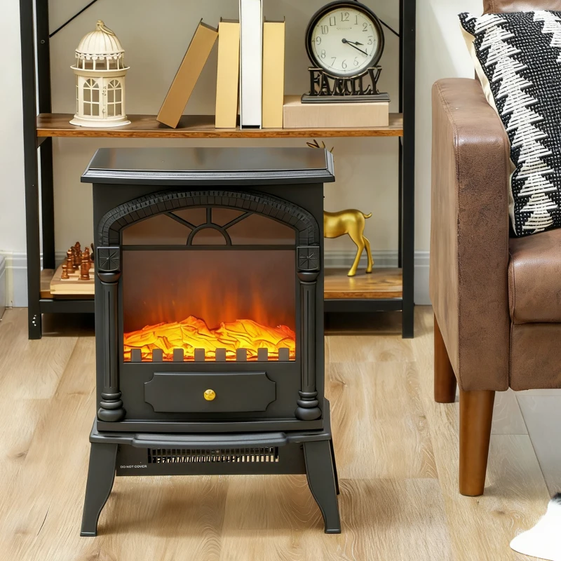 HOMCOM Electric Fireplace Stove Heater with 3D Flame Effect, 2000W/1000W, Freestanding Portable Fireplace with Adjustable Thermostat, 2 Heat Settings for Living Room, Black