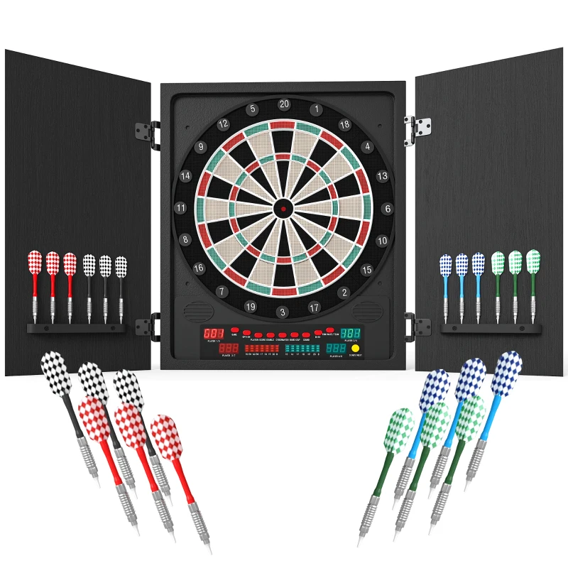 HOMCOM Diana Electrónica Digital hasta 8 Jugadores con 12 Dardos y 30 Puntas con Pantalla LED Puertas 27 Juegos Distintos y 202 Variantes 51x6,5x57 cm Negro