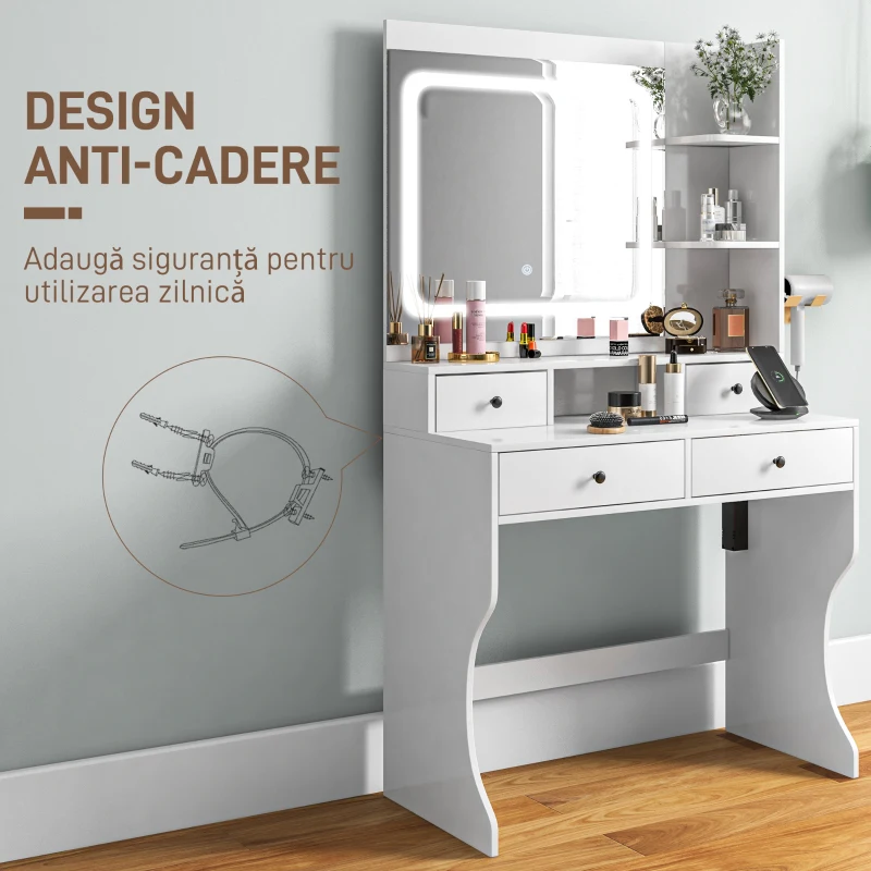 HOMCOM Masă de Toaletă cu Oglindă Iluminată LED, Masă de Machiaj cu Stație de Încărcare, 4 sertare și rafturi de depozitare, 90x45x160 cm, Alb