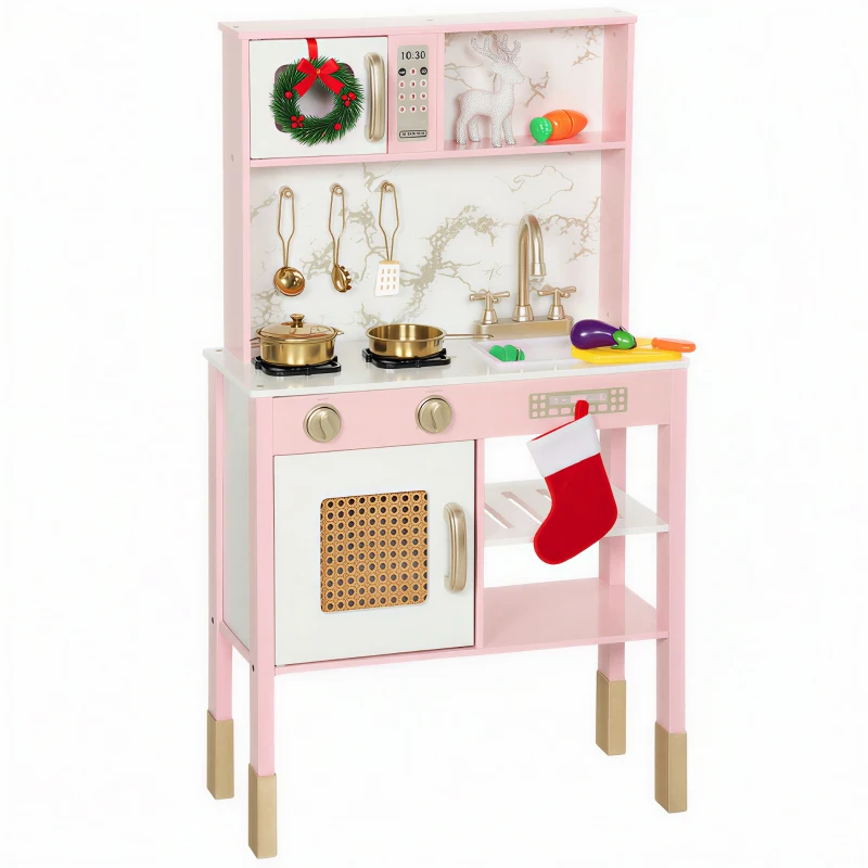 AIYAPLAY Kitchen Playset with Pretend Play Cooking Accessories, Play Kitchen with Oven, Microwave and Sink, Pink