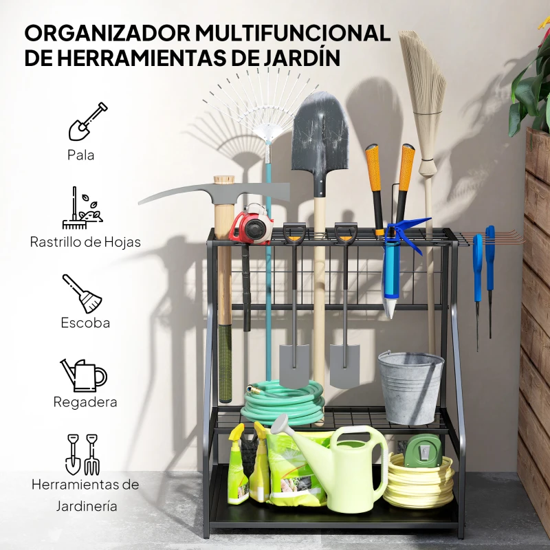 Outsunny Organizador de Herramientas de Jardín Estantería de Almacenamiento de 3 Niveles para Garaje con Ganchos