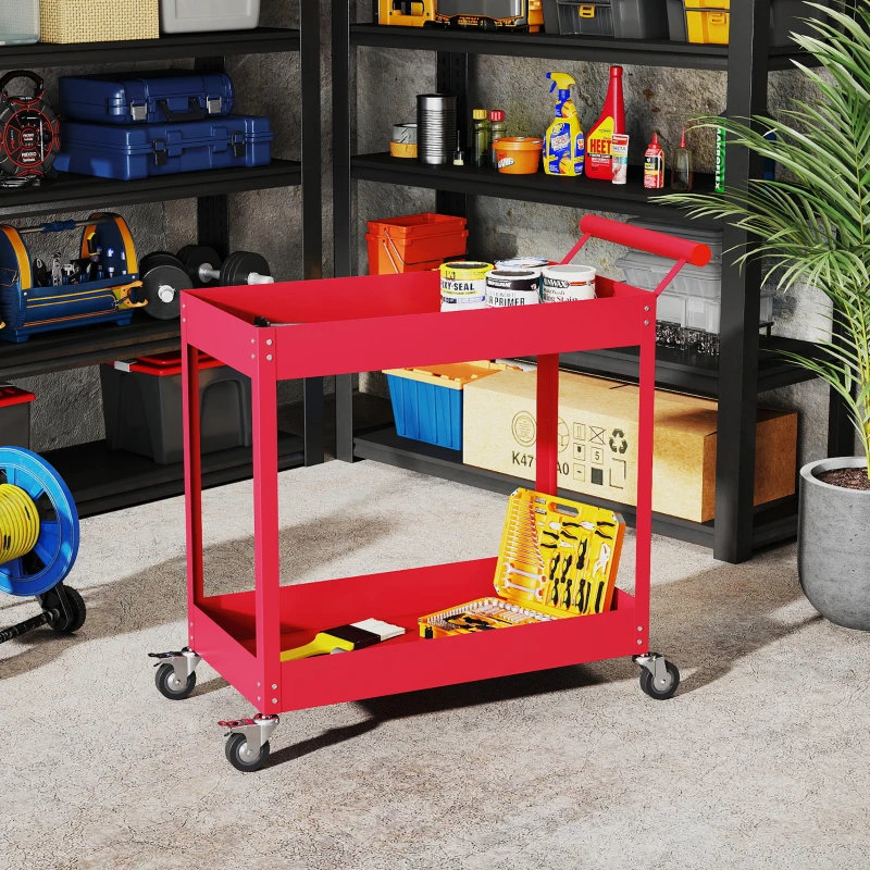DURHAND Carrello da officina servante a 2 livelli, maniglia laterale e ruote bloccabili, 84,5x38x84cm, rosso