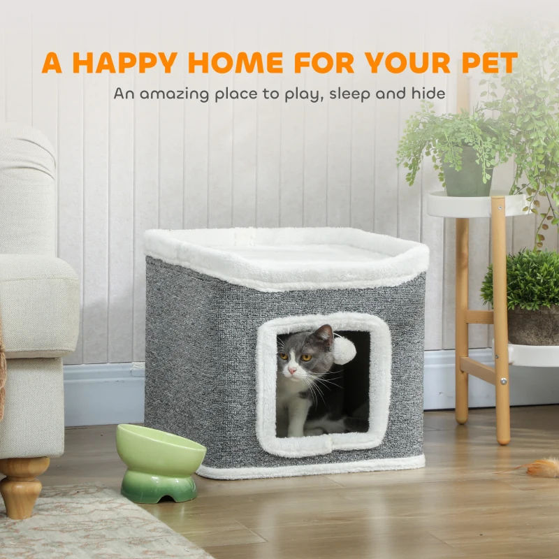 PawHut Cat House for Indoor Kittens, 2-Level Cat Cave Bed with Fluffy Balls, Top Bed, Kitten Barrel for Multi Kitties, Grey
