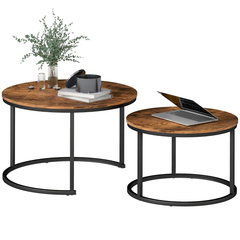 HOMCOM Coffee Table Set of 2, Round Nest of Tables with Metal Frame, Modern Side Tables for Living Room, Rustic Brown