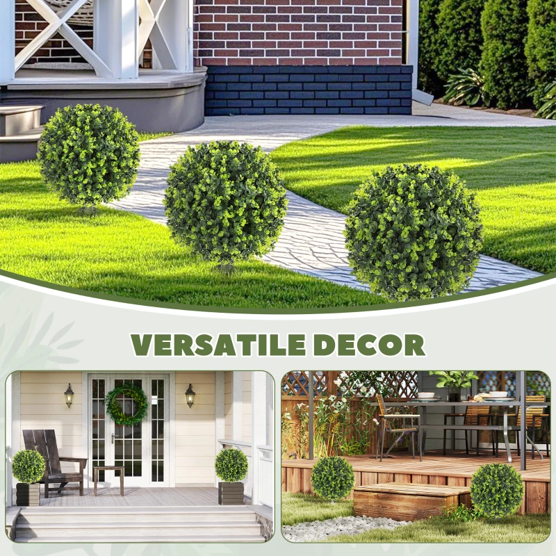 HOMCOM Set of 2 40 cm Artificial Boxwood Topiary Ball Bush with Integrated Ground Stake, Indoor Outdoor UV Resistant Faux Greenery, Faux Plants for Garden, Porch, Balcony