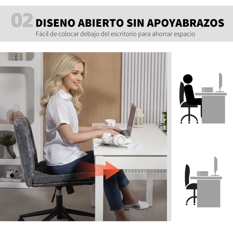 HOMCOM Silla de Oficina con Asiento Ancho sin Reposabrazos Ruedas Altura Ajustable Giratoria Función Basculante Gris