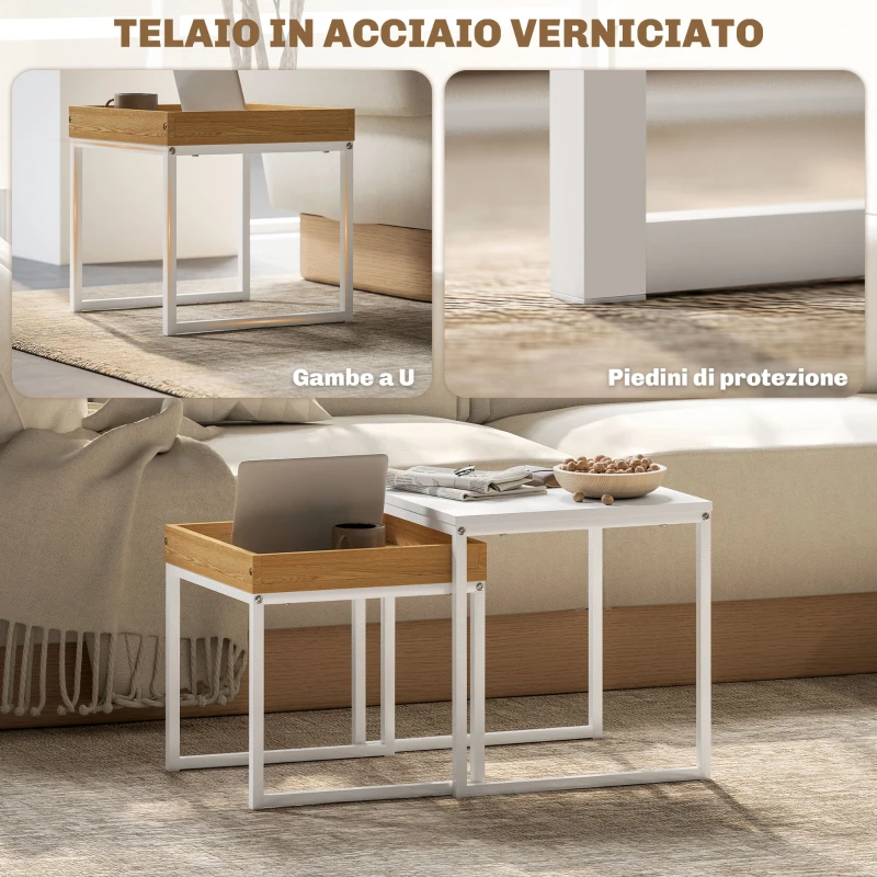 HOMCOM Set di Tavolini da Caffè Impilabili Moderni con Vassoio, 45x45x45 cm, Bianco e Rovere