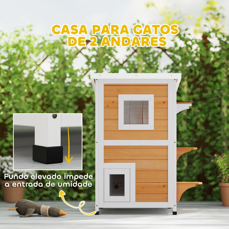 PawHut Casa para Gatos Exterior em Madeira 2 Níveis com Telhado Basculante Painel Central Removível  51x51x81,3 cm Madeira