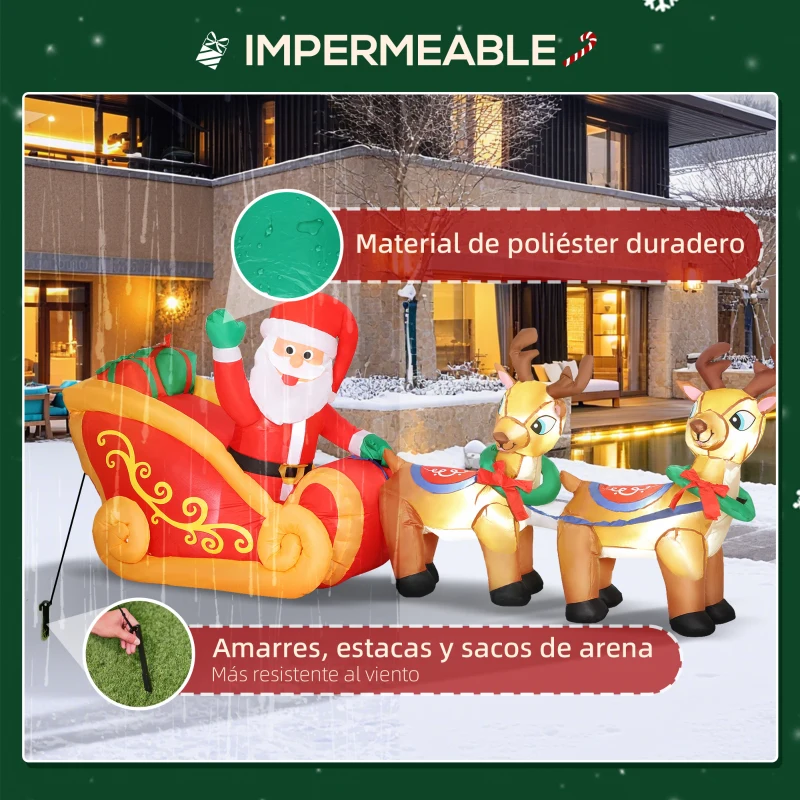 Outsunny Papá Noel Hinchable con Trineo y Renos Inflables de Navidad con Luces LED para Exterior e Interior 240x75x100 cm