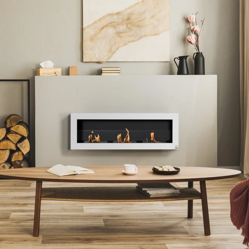 HOMCOM Cheminée bioéthanol Murale encastrable 3 brûleurs 3 L au total, environ 3 h de durée de combustion, dims. 120L x 15l x 40H cm, acier inox blanc