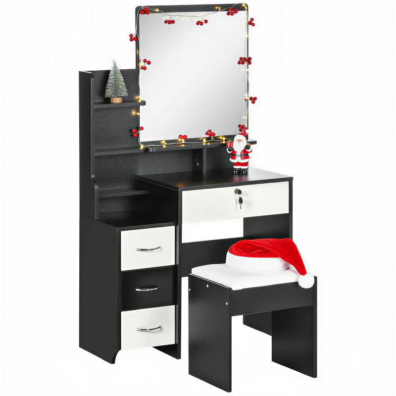HOMCOM Ensemble de coiffeuse table de maquillage avec tabouret rembourré grand miroir + plusieurs étagères ouvertes + 4 tiroirs blanc noir