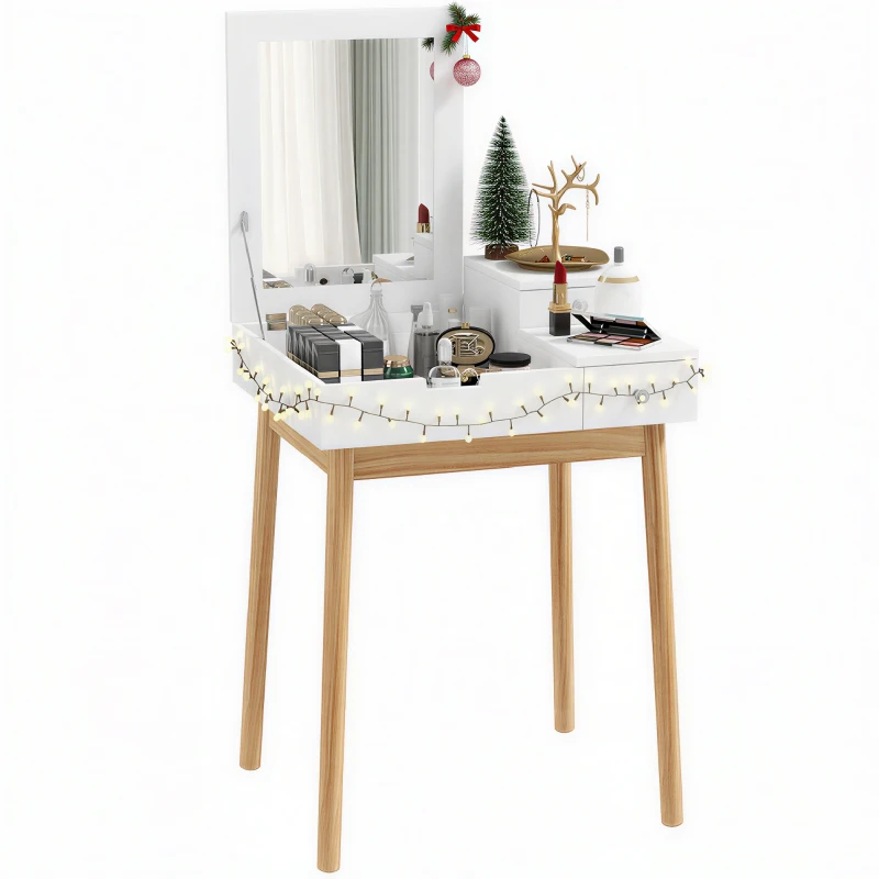 HOMCOM Coiffeuse avec miroir table de maquillage style moderne - 2 tiroirs, miroir rabattable pour chambre à coucher, salon, 60 x 50 x 85,5 cm blanc