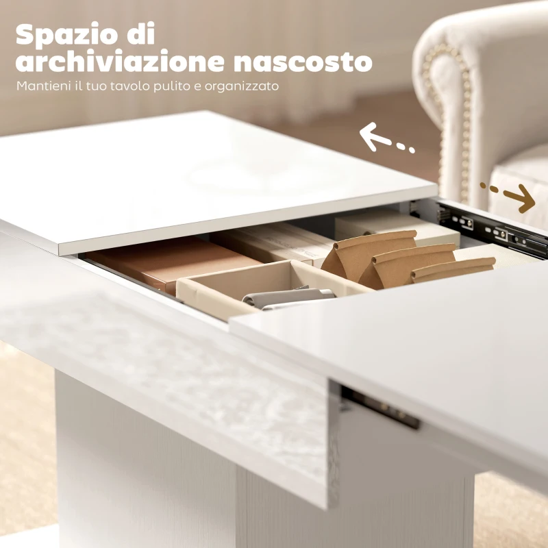 HOMCOM Tavolino da Caffè Estensibile con Vano Contenitore Moderno, 108-178.5x53x49 cm, Bianco Lucido