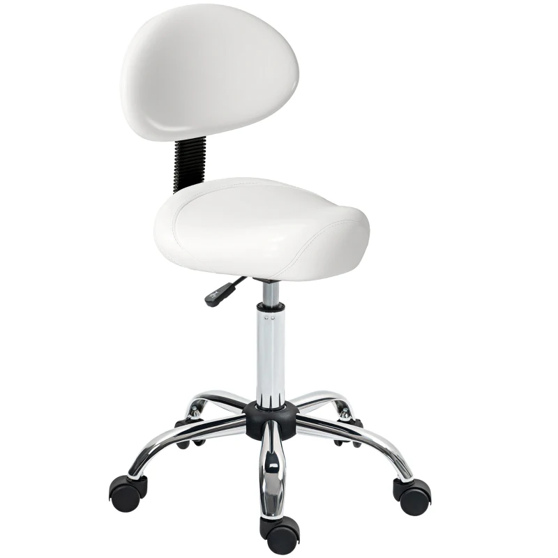 HOMCOM Tabouret pivotant avec dossier et roulettes Siège réglable pour salons de beauté Studio de tatouage 50x50x83-98cm Blanc