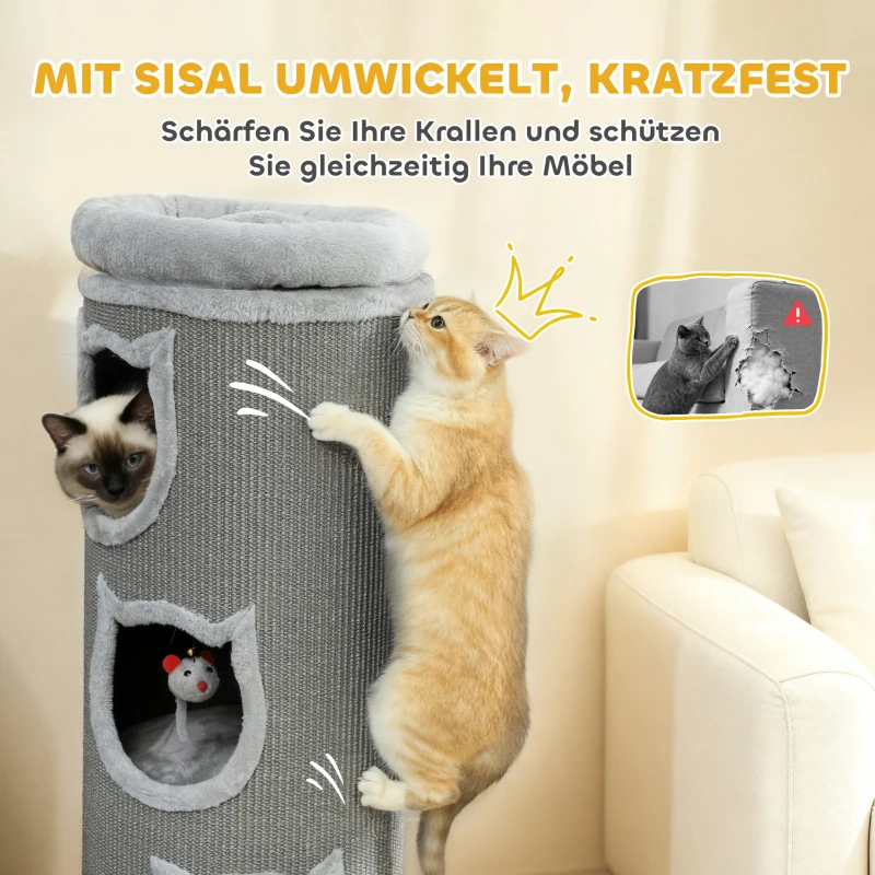 PawHut Katzenkratzfass, 96 cm, 4-Ebenen-Katzenturm mit waschbarem Bett, 3 Schlafhöhlen, Hängespielzeug, für mehrere Katzen Grau