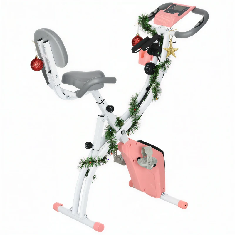 HOMCOM Heimtrainer X-Bike 2-in-1 Fahrradtrainer mit LCD-Display,Pulsmesser, klappbarer Hometrainer Trimmrad mit 8 stufig Magnetwiderstand, 1 Paar Spannseil, Stahl Rosa 105x48x118 cm