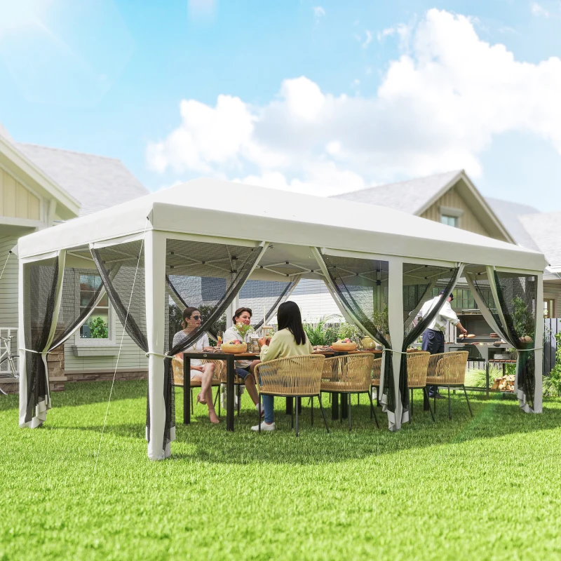 Outsunny Gazebo Pieghevole 6x3 m in Acciaio con 6 Tende Zanzariera, color Crema