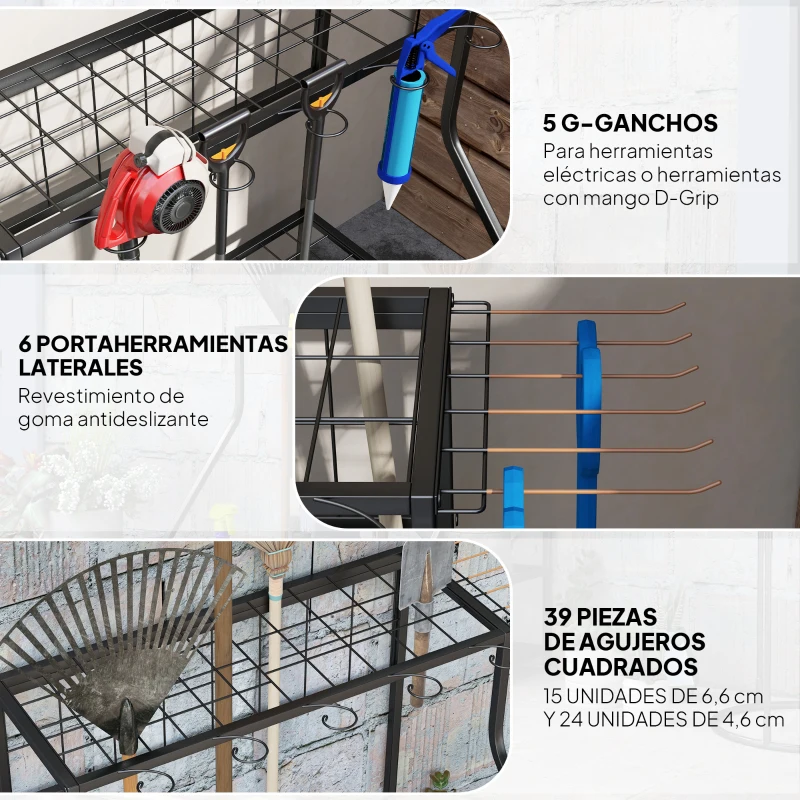 Outsunny Organizador de Herramientas de Jardín Estantería de Almacenamiento de 3 Niveles para Garaje con Ganchos