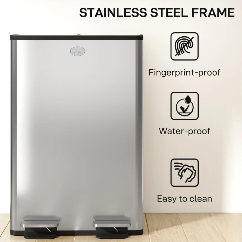 HOMCOM 56L Dual Compartment Stainless Steel Bin, with Deodoriser Holders - Silver Tone