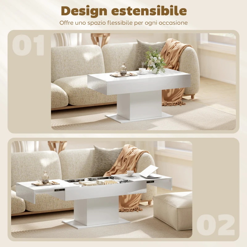 HOMCOM Tavolino da Caffè Estensibile con Vano Contenitore Moderno, 108-178.5x53x49 cm, Bianco Lucido