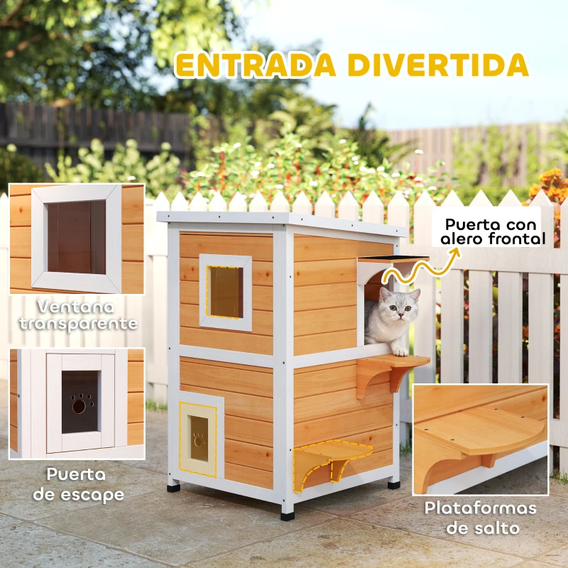 PawHut Caseta para Gatos de Madera Exterior de 2 Niveles con Techo Abatible Panel Central Extraíble 51x51x81,3 cm Natural