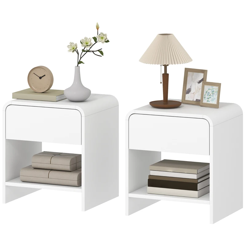 HOMCOM Lot de 2 tables de chevet, table d'appoint moderne avec compartiment ouvert et tiroir, 40 x 35 x 45 cm, blanc
