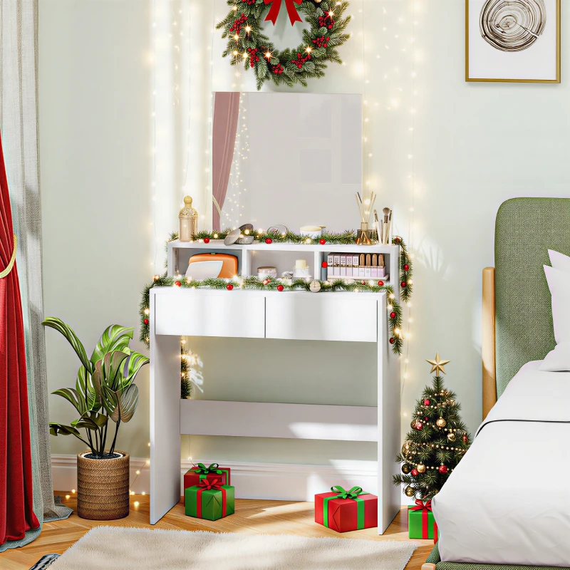 HOMCOM Coiffeuse avec miroir, table de maquillage avec 2 tiroirs et 3 compartiments, style moderne, 75 x 38 x 135 cm, blanc